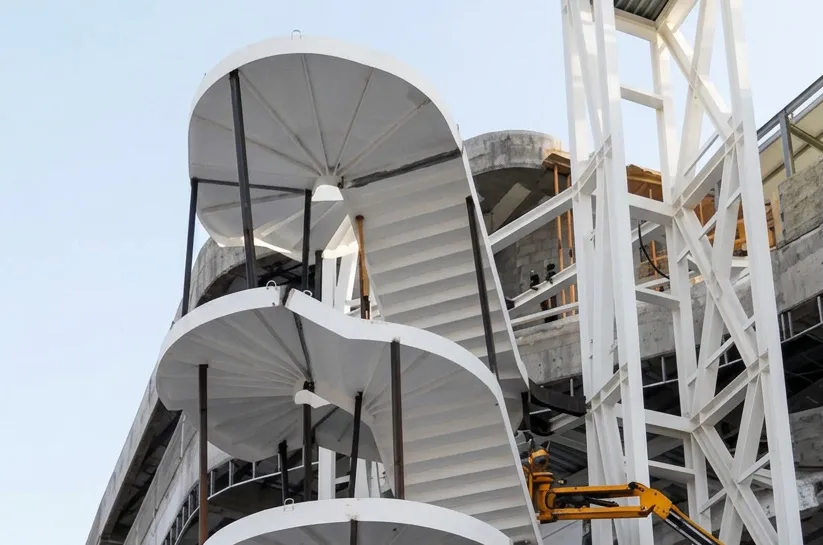 Escalera helicoidal y cúpula metálica del hotel