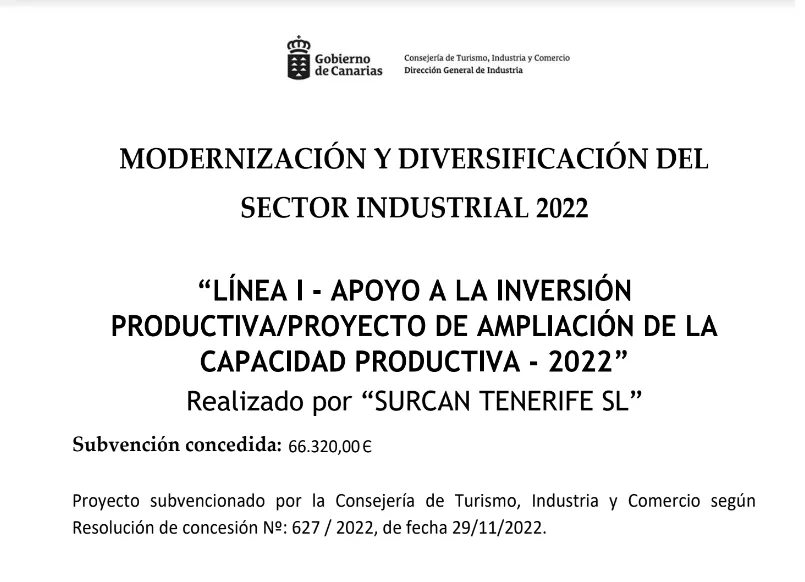 Cartel de la subvención de 2022 del Gobierno de Canarias, con el importe y el número de resolución